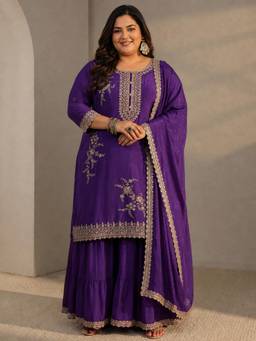 Extra love by Libas - Purple Floral Embroidered Kurta with Sharara and Dupatta