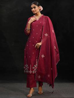 Libas - Maroon Embroidered Thread Work Kurta with Pant and Dupatta