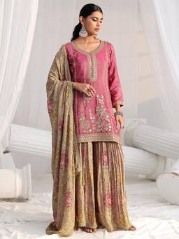 Libas Art - Pink Floral Embroidered Kurti with Palazzo and Dupatta