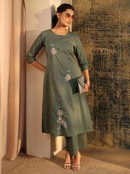 Libas - Olive Floral Embroidered Kurta with Pant