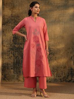 Libas - Peach Floral Embroidered Kurta with Pant