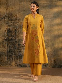 Libas - Mustard Floral Embroidered Kurta with Pant