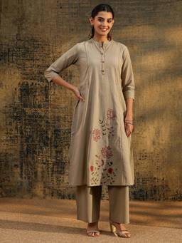 Libas - Grey Floral Embroidered Kurta with Pant