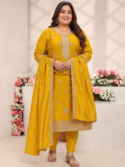 Extra love by Libas - Mustard Embroidered Sequined Work Kurta with Pant and Dupatta