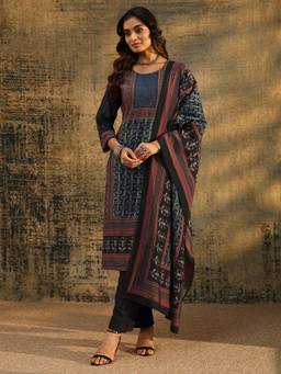 Libas - Navy Blue Printed Sequined Work Kurta with Pant and Dupatta