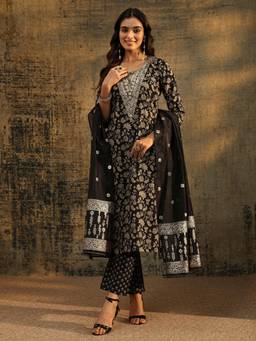 Libas - Black Floral Printed Kurta with Pant and Dupatta