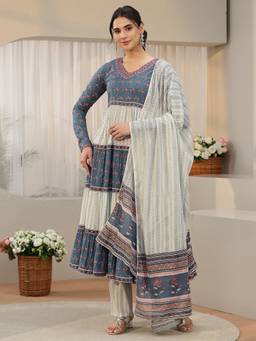 Libas - Blue Floral Printed Anarkali Kurta with Pant and Dupatta