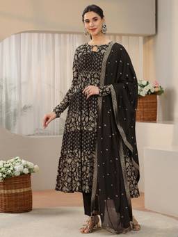 Libas - Black Floral Printed Anarkali Kurta with Pant and Dupatta
