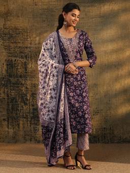 Libas - Purple Floral Printed Kurta with Pant and Dupatta