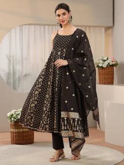 Libas - Black Floral Printed Anarkali Kurta with Pant and Dupatta