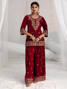 Libas - Red Floral Embroidered Short Kurti with Palazzo