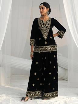Libas - Black Floral Embroidered Short Kurti with Palazzo