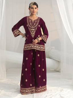 Libas - Wine Floral Embroidered Short Kurti with Palazzo