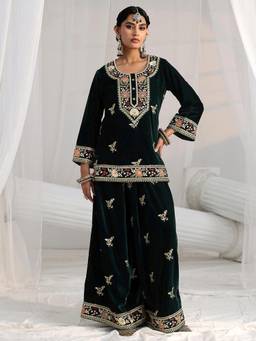 Libas - Green Floral Embroidered Short Kurti with Palazzo