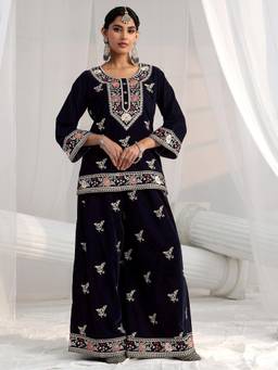 Libas - Navy Blue Floral Embroidered Short Kurti with Palazzo
