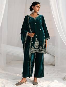 Libas - Teal Floral Embroidered Kurti with Pant and Dupatta