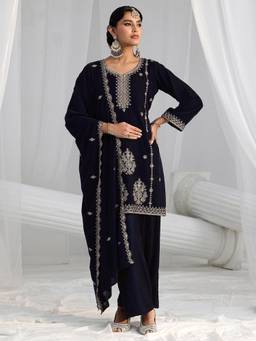 Libas - Navy Blue Embroidered Sequined Work Kurti with Pant and Dupatta