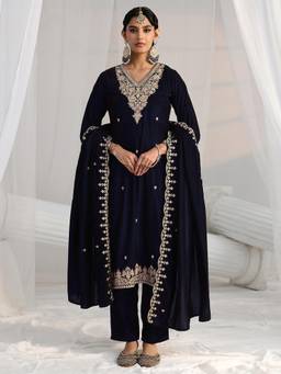 Libas - Navy Blue Floral Embroidered Kurta with Pant and Dupatta