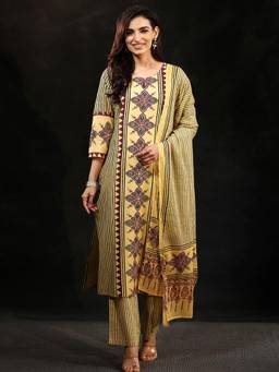 Libas - Yellow Stripes Printed Kurta with Pant and Dupatta