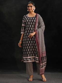 Libas - Black Floral Printed Kurta with Pant and Dupatta