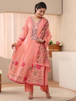 Libas - Peach Floral Embroidered Anarkali Kurta with Pant and Dupatta
