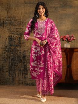 Gerua By Libas - Pink Floral Printed Kurta with Pant and Dupatta