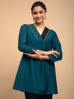 Pink Fort - Colorblock Silk Tunic-Teal and Black