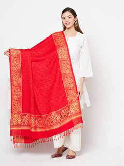 Safaa - Border Design Red Viscose Acrylic Shawl For Women