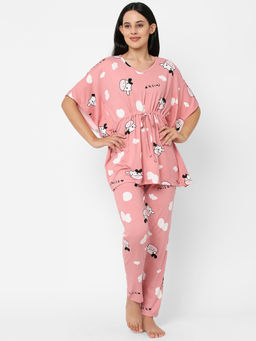 Sweet Dreams - Women Printed V-neck Flared Sleeve Poly Brush Kaftaan & Pyjama pink (Set of 2)