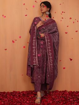 Indya - Maroon Cotton Anarkali Kurta with Pants and Dupatta (Set of 3)