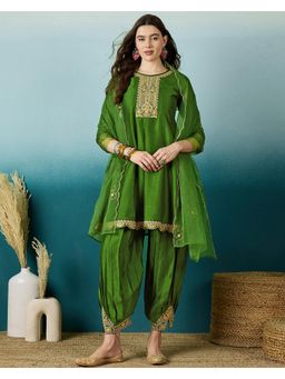 Gahan - Green Silk Blend Zari Thread Embroidered Kurta with Dhoti Pant & Dupatta