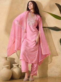 Gahan - Pink Poly Chiffon Zari Sequence Embroidered Kurta with Pant & Dupatta