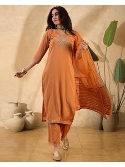 Gahan - Orange Poly Chiffon Zari Sequence Embroidered Kurta with Pant & Dupatta