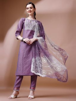 Gahan - Womens Embroidered Lavender Cotton Blend Kurta with Pant & Dupatta