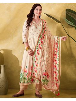 Gahan - Beige Silk Blend Zari Sequence Thread Work Embroidered Anarkali Kurta with Pant & Dupatta