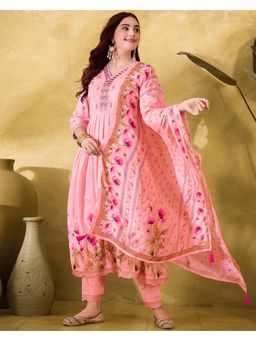 Gahan - Pink Silk Blend Zari Sequence Thread Work Embroidered Anarkali Kurta with Pant & Dupatta
