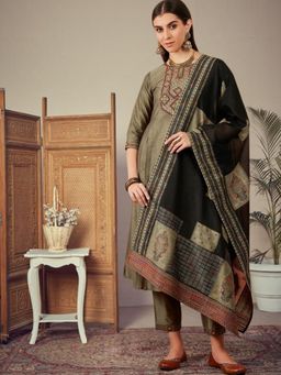 Gahan - Womens Zari Sequence Embroidered Beige Kurta with Pant & Dupatta