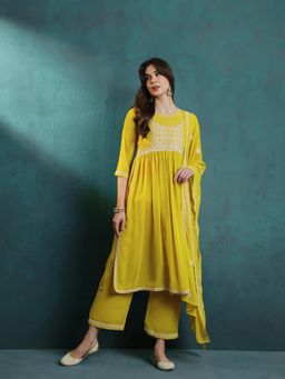 Gahan - Womens Embroidered Sequence Yellow Kurta with Palazzo & Dupatta