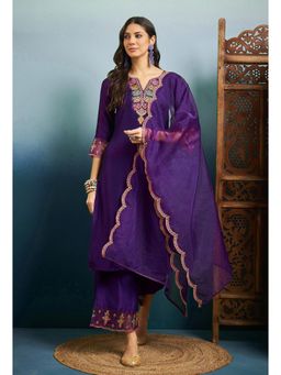 Gahan - Womens Embroidered Sequence Purple Silk Blend Kurta with Palazzo & Dupatta