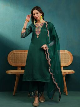 Gahan - Womens Embroidered Sequence Green Silk Blend Kurta with Palazzo & Dupatta