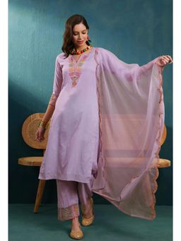 Gahan - Womens Embroidered Sequence Lavender Silk Blend Kurta with Palazzo & Dupatta