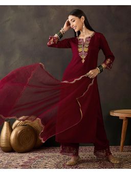 Gahan - Maroon Silk Blend Thread Work Embroidered Kurta with Palazzo & Dupatta