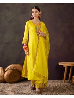 Gahan - Yellow Silk Blend Thread Work Embroidered Kurta with Palazzo & Dupatta