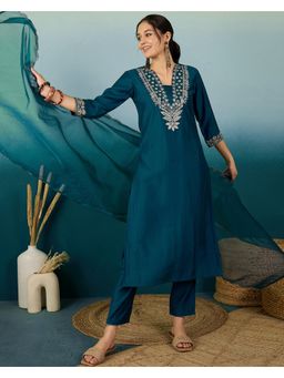 Gahan - Embroidered Zari Teal Blue Cotton Blend Kurta with Pant & Dupatta