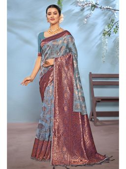 Sangam Prints - Sky Blue Cotton Woven Zari Work Traditional Tassel Saree with Unstitched Blouse