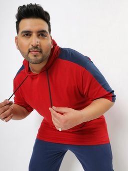 Bewakoof - Men's Red Plus Size Color Block Hoodie T-shirt