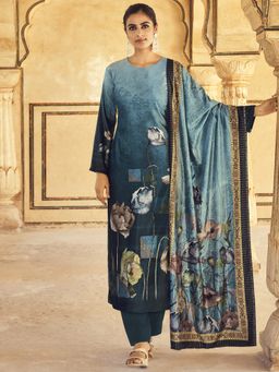 Stylee LIFESTYLE - Blue Velvet Floral Digital Printed Dress Material (Set of 3)