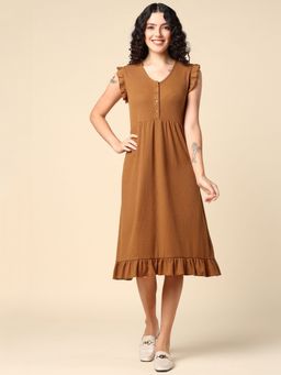 Zelena - Brown Solid Buttoned Frill Feeding Dress With 2 Side Pockets