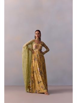 KALISTA - Pavika Lemon Yellow Floral Embellished Anarkali with Dupatta (Set of 2)