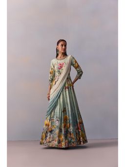 KALISTA - Sanaah Sea Green Floral Embellished Anarkali with Dupatta (Set of 2)